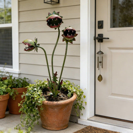 Whimsical Metal Venus Flytrap Garden Stake – Handcrafted Outdoor Carnivorous Plant Decor – Unique Gardening Gift